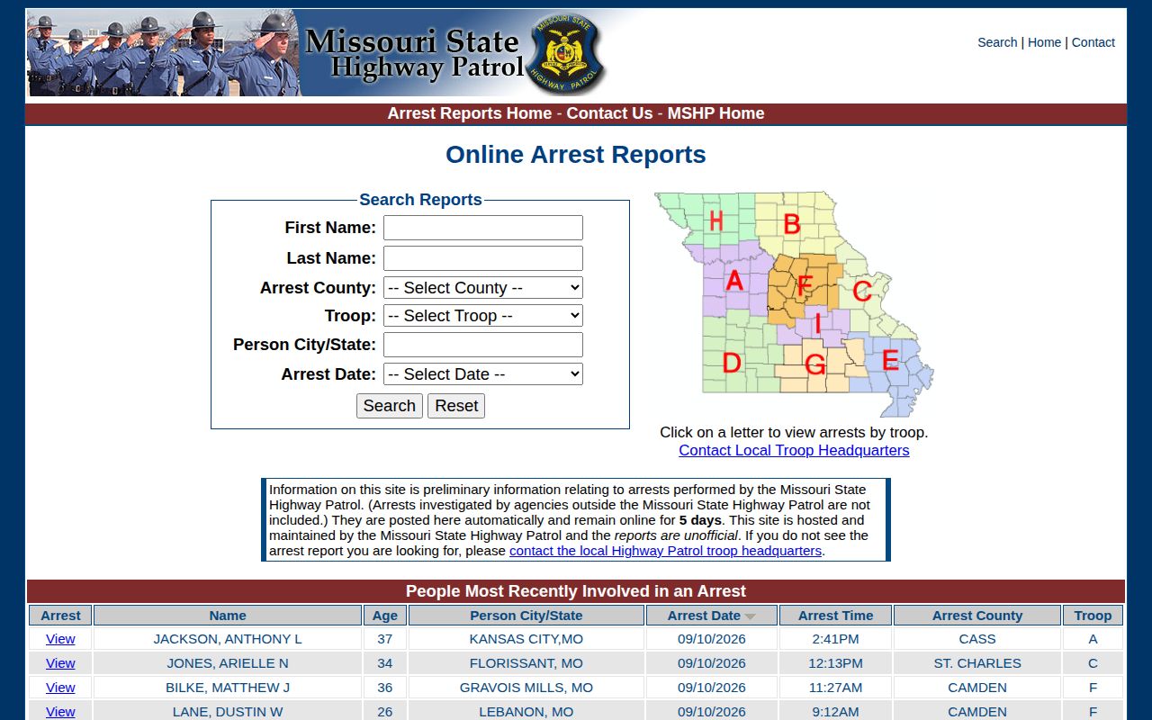 Ralls County recent arrest search fields on the Missouri State Highway Patrol form