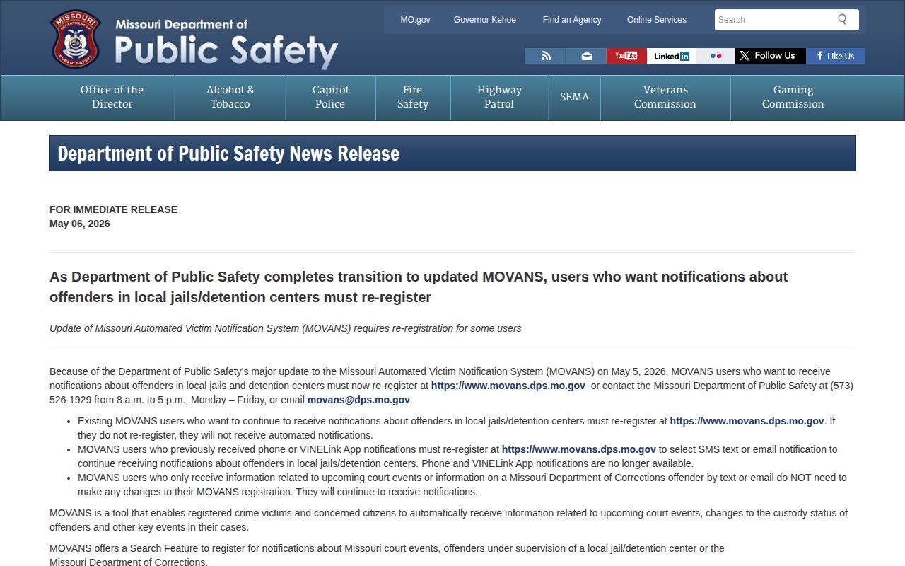 Missouri DPS notice showing May 2026 MOVANS SMS and email re-registration rules