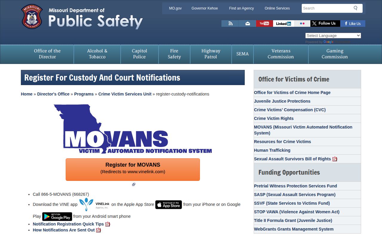 Missouri custody notification page showing statewide MOVANS information for Ralls County users