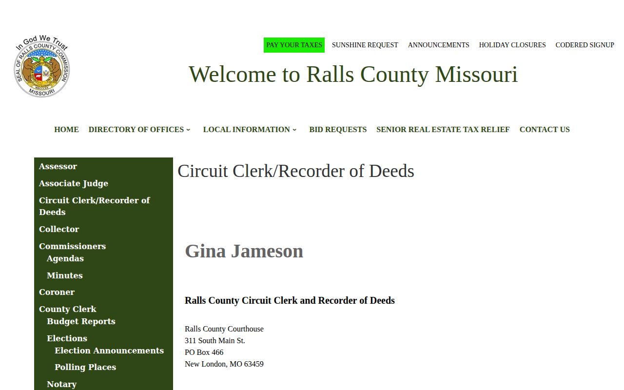 Ralls County Circuit Clerk contact for arrest case and court disposition records