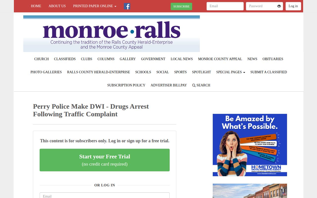 Monroe-Ralls article about a Perry Police arrest following a traffic complaint