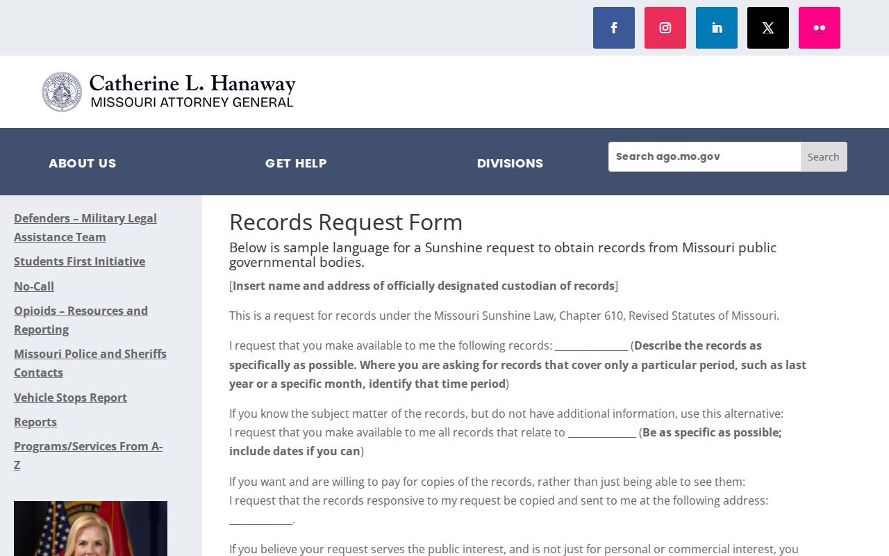 Missouri Sunshine request form for Ralls County arrest records and fee estimates